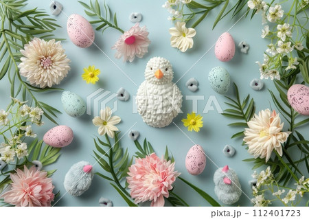 Springtime scene with knitted chicks amid flowers and speckled eggs on a cool background, embodying joy 112401723