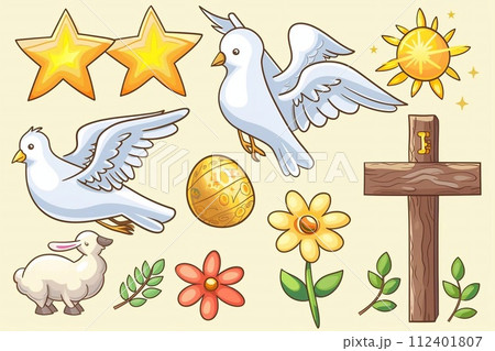 Religious Symbols: Easter clip art featuring iconic religious symbols such as crosses, doves, and lambs. 112401807