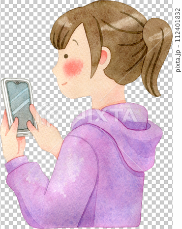 Watercolor illustration of a young woman (girl) operating a smartphone 112401832