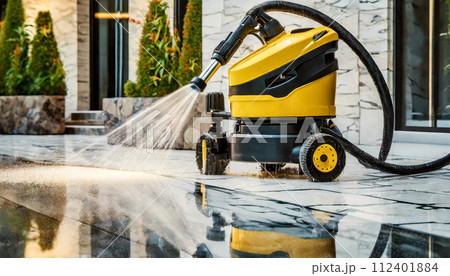 Pressure Water Jet Cleaning Machine on a Wet Marble Pavement - Generative Ai 112401884