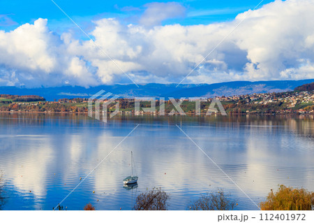 View of the Lake Murten at autumn from Murten city, Switzerland 112401972