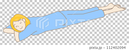 温泉施設の館内着を着てうつ伏せでリラックスして寝ている可愛い女性 シンプル イラスト ベクター 112402094