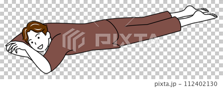 温泉施設の館内着を着てうつ伏せでリラックスして寝ている可愛い男性 シンプル イラスト ベクター 112402130