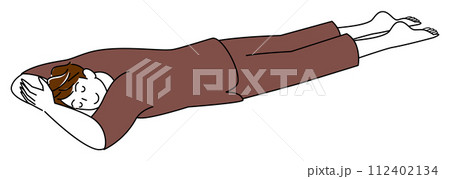温泉施設の館内着を着てうつ伏せでリラックスして寝ている可愛い男性 シンプル イラスト ベクター 112402134