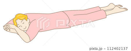 温泉施設の館内着を着てうつ伏せでリラックスして寝ている可愛い男性 シンプル イラスト ベクター 112402137