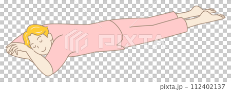 温泉施設の館内着を着てうつ伏せでリラックスして寝ている可愛い男性 シンプル イラスト ベクター 112402137
