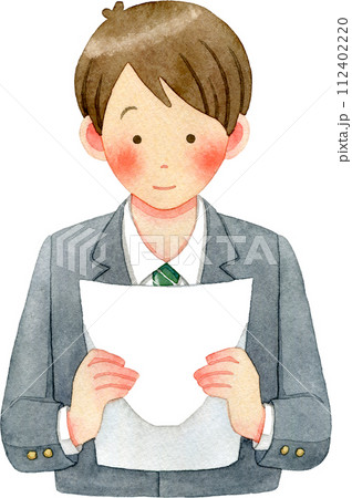 書類を見る若い男性(男子生徒)の水彩イラスト 書類を見る若い男性(男子生徒)の水彩イラスト 112402220