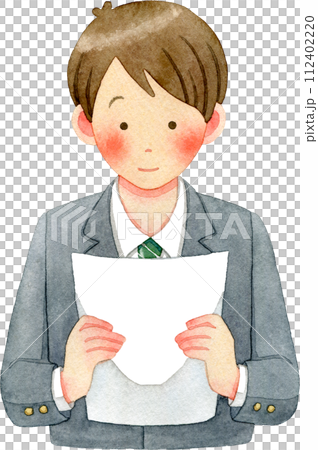 書類を見る若い男性(男子生徒)の水彩イラスト 書類を見る若い男性(男子生徒)の水彩イラスト 112402220