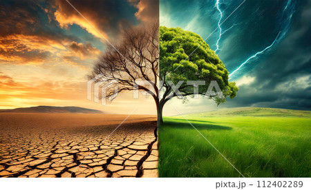 Global Warming Concept - Half Bare and Half Green Tree - Generative Ai 112402289