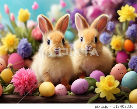 Easter bunnies with colorful eggs and flowers on wooden background Easter bunnies with colorful eggs and flowers on wooden background 112402336