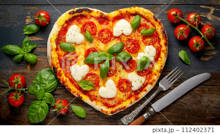 Heart Shaped Pizza Margherita on a Wooden Table - Generative Ai 112402371
