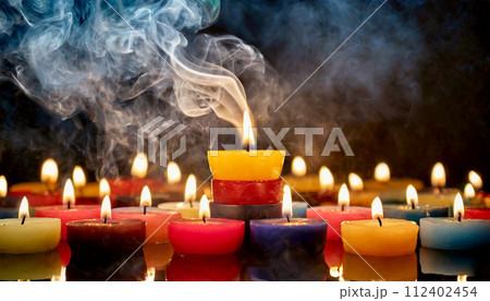 Large Group of Multicolored Votive Candles in a Dark Background - Generative Ai Large Group of Multicolored Votive Candles in a Dark Background - Generative Ai 112402454