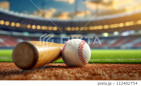Baseball Bat and Leather Ball on a Baseball Field - Generative Ai 112402754