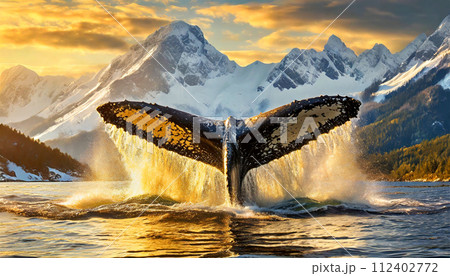 Closeup of a Humpback Whale Tail Splashing in Sea Water - Generative Ai 112402772