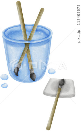 Cleaning Brushes in Glass of Water,Paint Brushes Soaking in Water - Artist Tool Cleaning Brushes in Glass of Water,Paint Brushes Soaking in Water - Artist Tool 112403673