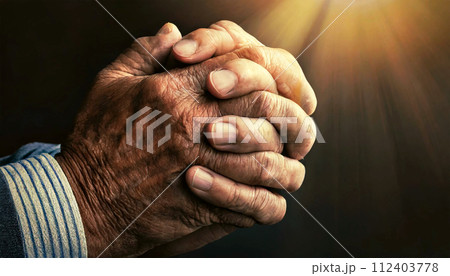Wrinkled Hands with Fingers Crossed of an Old Man in Prayer - Generative Ai 112403778