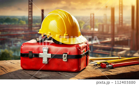 Yellow Safety Helmet and Red First Aid Kit on Construction Site - Generative Ai Yellow Safety Helmet and Red First Aid Kit on Construction Site - Generative Ai 112403880