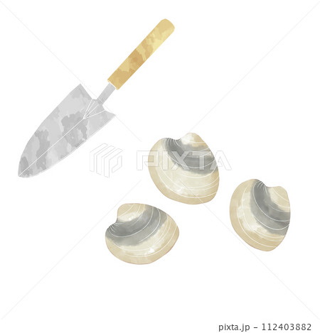 潮干狩りの貝とスコップ　水彩イラスト 112403882