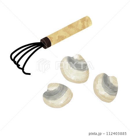 潮干狩りの貝と熊手 水彩イラスト 潮干狩りの貝と熊手 水彩イラスト 112403885