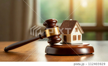 Gavel and Small Model House on a Wooden Table - Generative Ai Gavel and Small Model House on a Wooden Table - Generative Ai 112403929