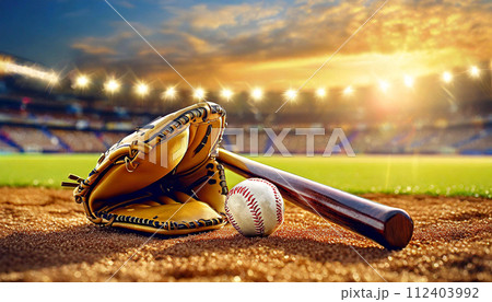 Baseball Glove with Wooden Bat and Ball on a Baseball Field - Generative Ai 112403992