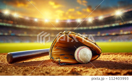 Baseball Glove with Wooden Bat and Ball on a Baseball Field - Generative Ai 112403993