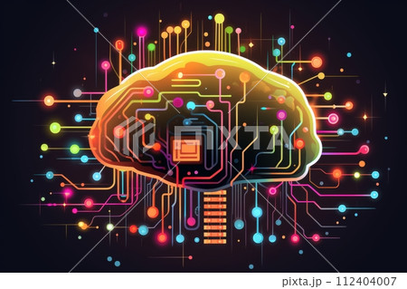 AI-generated content. Human brain neurons, neurological connections, electrical impulses, microchip technology AI-generated content. Human brain neurons, neurological connections, electrical impulses, microchip technology 112404007
