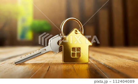 House Key with Golden House Shaped Keychain on Wooden Background - Generative Ai 112404089