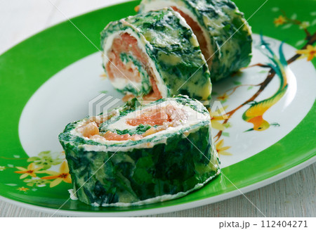 Courgette Herb , Smoked Salmon Roulade 112404271
