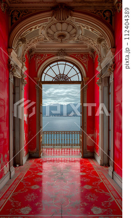 AI-generated content. A brick building with a symmetrical facade, featuring a red hallway with a balcony overlooking a serene lake. The architecture includes arches, columns, and artistic touches 112404389