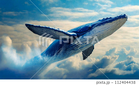 Blue Humpback Whale Flying in a Clear Sky Above the Clouds - Generative Ai 112404438