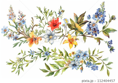 Springtime Florals: Delicate floral clip art depicting blooming flowers, budding branches, Easter season. 112404457