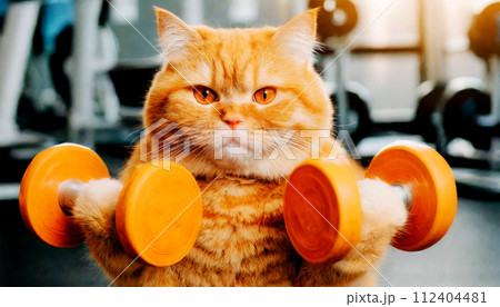 Obese Orange Cat Lifting Weights in Order to Lose Weight - Generative Ai 112404481