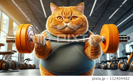 Obese Orange Cat Lifting Weights in Order to Lose Weight - Generative Ai 112404482