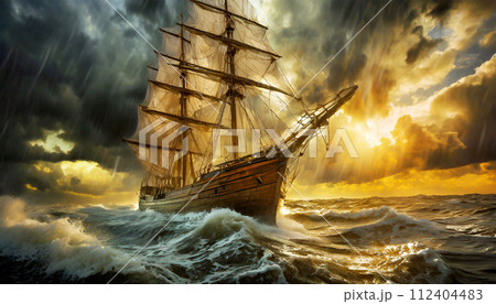 Old Wooden Sailing Ship Braving the Waves of a Wild Stormy Sea - Generative Ai 112404483