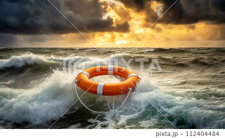 Orange and White Lifebuoy on the Stormy Sea - Generative Ai 112404484
