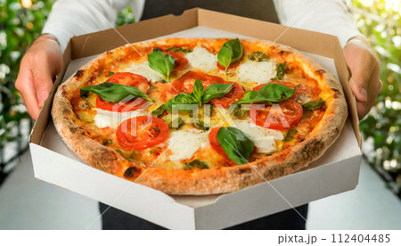Pizza Express Delivery - Pizza Margherita in a Cardboard Box - Generative Ai 112404485