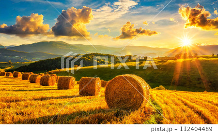 Row of Hay Bales on a Golden Beautiful Landscape at Sunrise - Generative Ai 112404489