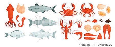 Seafood . Vector of mussels, clam, oyster. Fish salmon, trout, tuna, dorado. Shrimp, squid, octopus tentacles, lobster, crab and crayfish. Red and black caviar. Steaks and pieces of fish. 112404635