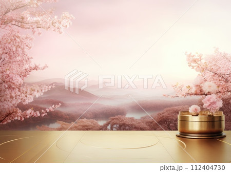 Realistic 3D render blank empty pastel pink podium with cherry blossom flower bouquet and blowing white curtain. Beauty products display, Backdrop 112404730