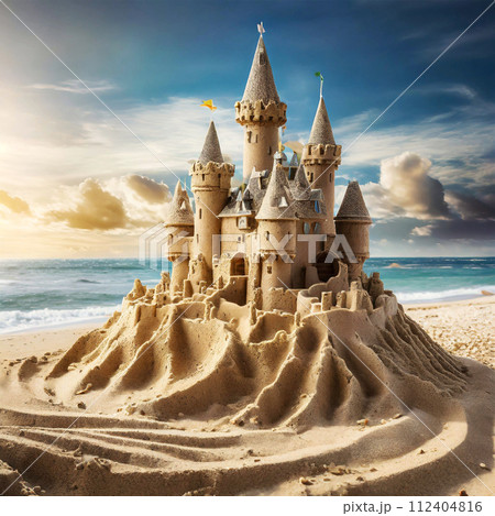 Beautiful Sandcastle on a Sandy Beach by the Sea - Generative Ai 112404816