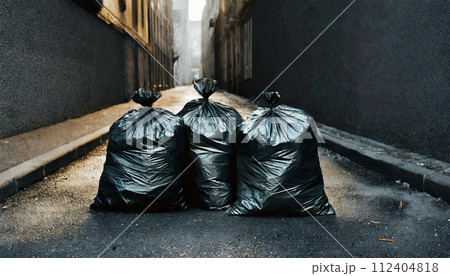 Black Garbage Bags Abandoned on a City Street - Generative Ai 112404818