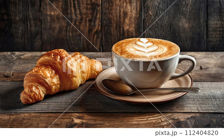 Cappuccino Cup and Fresh French Croissant on a Wooden Table - Generative Ai 112404820