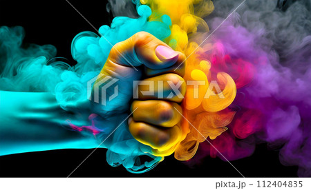 Close-up of a Hand Closed in a Fist and Multicolored Smoke - Generative Ai Close-up of a Hand Closed in a Fist and Multicolored Smoke - Generative Ai 112404835