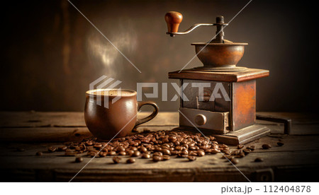 Coffee Grinder and a Coffee Cup on a Wooden Table - Generative Ai 112404878