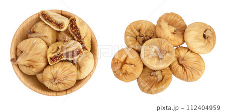 dried fig in wooden bowl isolated on white background with full depth of field. Top view. Flat lay dried fig in wooden bowl isolated on white background with full depth of field. Top view. Flat lay 112404959