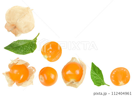 Cape gooseberry or physalis isolated on white background wit with full depth of field. Top view. Flat lay Cape gooseberry or physalis isolated on white background wit with full depth of field. Top view. Flat lay 112404961