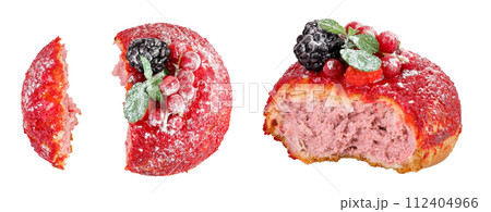 Cake shu eclairs with berries and red crumble isolated on white background. Top view. Flat lay Cake shu eclairs with berries and red crumble isolated on white background. Top view. Flat lay 112404966