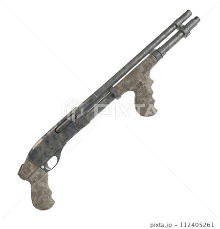 A gun with a grey handle and a silver barrel 112405261