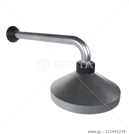 A silver metal shower head with a black rubber stopper 112405276